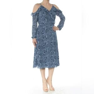 Michael Kors Women's Blue Paisley Cold Shoulder Wrap Midi Dress, Size XS